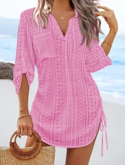 Discount Women's Mini Dress Cut Out Dress Sexy Dress Elegant Casual Daily Regular Fit Solid Color Long Sleeve V Neck Black White Yellow Pink Fall Women Vacation Dresses