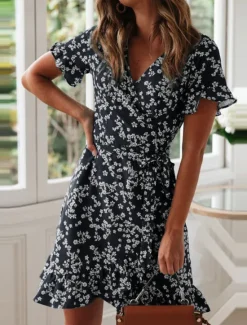Online Women's Mini Dress Emerald Green Dress Wrap Dress Stylish Basic Romantic Vacation Daily Date Regular Fit Floral Short Sleeve V Neck Navy Blue Green Summer Spring Women Spring Dresses