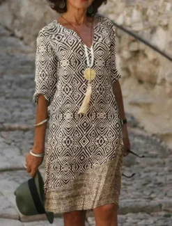 Sale Women's Mini Dress Ethnic Dress Mini Dress Petite Dress T Shirt Dress Tee Dress Shift Dress Fashion Streetwear Ethnic Outdoor Vacation Work Loose Fit Tribal 3/4 Length Sleeve V Neck Summer Women Work Dresses