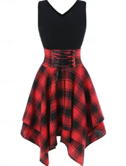 Sale Women's Mini Dress Fit And Flare Dress Stylish Sexy Regular Fit Plaid Sleeveless V Neck White Red Blue Green Summer Spring Women Casual Dress