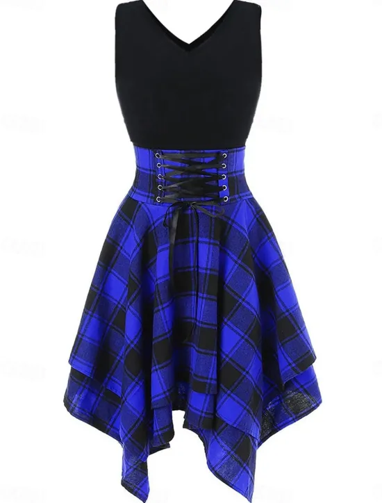 Sale Women's Mini Dress Fit And Flare Dress Stylish Sexy Regular Fit Plaid Sleeveless V Neck White Red Blue Green Summer Spring Women Casual Dress