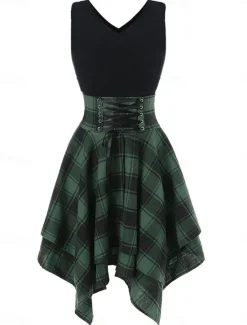 Sale Women's Mini Dress Fit And Flare Dress Stylish Sexy Regular Fit Plaid Sleeveless V Neck White Red Blue Green Summer Spring Women Casual Dress