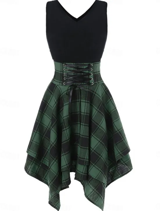 Sale Women's Mini Dress Fit And Flare Dress Stylish Sexy Regular Fit Plaid Sleeveless V Neck White Red Blue Green Summer Spring Women Casual Dress