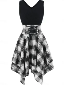Sale Women's Mini Dress Fit And Flare Dress Stylish Sexy Regular Fit Plaid Sleeveless V Neck White Red Blue Green Summer Spring Women Casual Dress