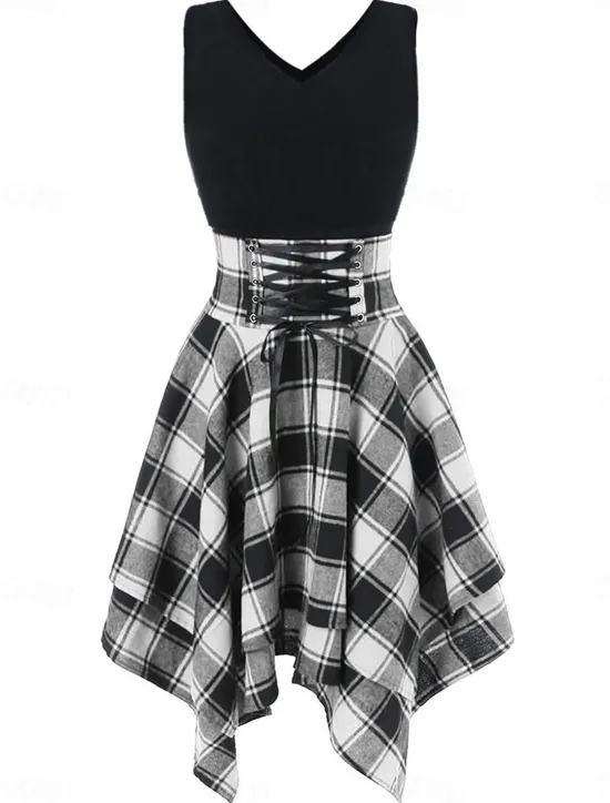 Sale Women's Mini Dress Fit And Flare Dress Stylish Sexy Regular Fit Plaid Sleeveless V Neck White Red Blue Green Summer Spring Women Casual Dress