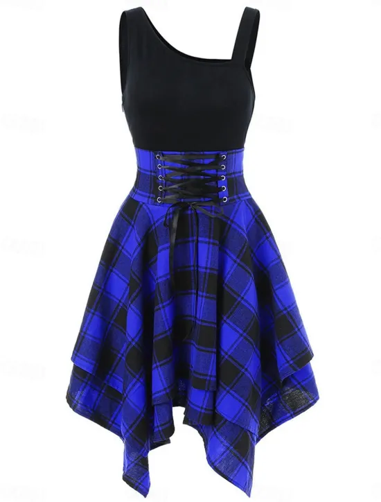Online Women's Mini Dress Fit And Flare Dress Stylish Sexy Regular Fit Plaid Sleeveless One Shoulder White Red Blue Green Summer Spring Women Cocktail Dress