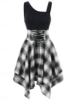 Online Women's Mini Dress Fit And Flare Dress Stylish Sexy Regular Fit Plaid Sleeveless One Shoulder White Red Blue Green Summer Spring Women Cocktail Dress