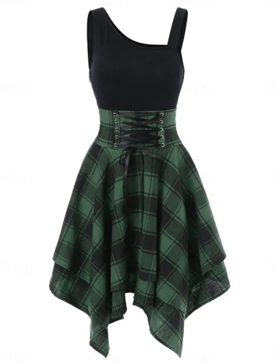 Online Women's Mini Dress Fit And Flare Dress Stylish Sexy Regular Fit Plaid Sleeveless One Shoulder White Red Blue Green Summer Spring Women Cocktail Dress