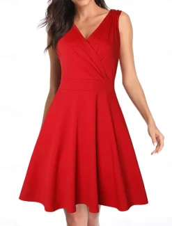 Sale Women's Mini Dress Fit And Flare Dress Elegant Vintage Stylish Regular Fit Solid Color Vintage Sleeveless V Neck Wine Red Summer Spring Women Cocktail Dress