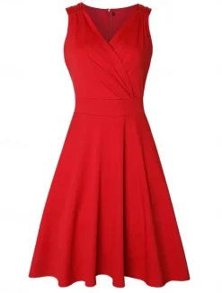 Sale Women's Mini Dress Fit And Flare Dress Elegant Vintage Stylish Regular Fit Solid Color Vintage Sleeveless V Neck Wine Red Summer Spring Women Cocktail Dress
