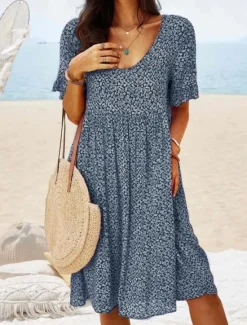 Online Women's Mini Dress Fit And Flare Dress Casual Outdoor Going out Regular Fit Floral Short Sleeve Crewneck Light Blue Yellow Red Dark Blue Summer Spring Women Vacation Dresses