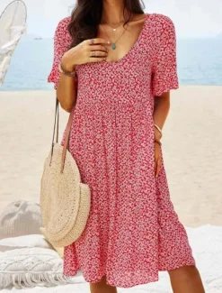 Online Women's Mini Dress Fit And Flare Dress Casual Outdoor Going out Regular Fit Floral Short Sleeve Crewneck Light Blue Yellow Red Dark Blue Summer Spring Women Vacation Dresses