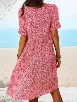 Online Women's Mini Dress Fit And Flare Dress Casual Outdoor Going out Regular Fit Floral Short Sleeve Crewneck Light Blue Yellow Red Dark Blue Summer Spring Women Vacation Dresses