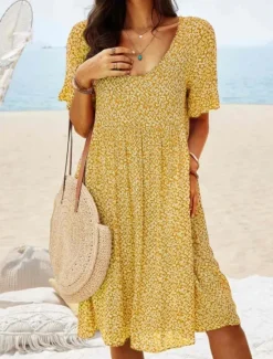 Online Women's Mini Dress Fit And Flare Dress Casual Outdoor Going out Regular Fit Floral Short Sleeve Crewneck Light Blue Yellow Red Dark Blue Summer Spring Women Vacation Dresses