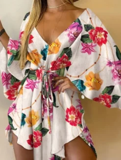 Clearance Women's Mini Dress Floral Dress Print Dress Fashion Modern Outdoor Vacation Holiday Regular Fit Flower Long Sleeve V Neck Black And White Yellow Light Green Pink Summer Women Floral Dresses
