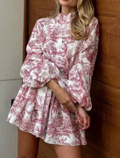 Hot Women's Mini Dress Floral Dress Print Dress Fashion Modern Vacation Daily Holiday Regular Fit Flower Long Sleeve Shirt Collar Red Blue Purple Gray Summer Women Floral Dresses