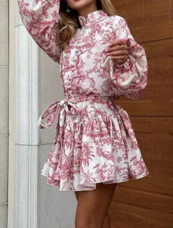 Hot Women's Mini Dress Floral Dress Print Dress Fashion Modern Vacation Daily Holiday Regular Fit Flower Long Sleeve Shirt Collar Red Blue Purple Gray Summer Women Floral Dresses