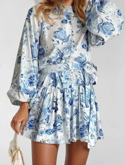 Hot Women's Mini Dress Floral Dress Print Dress Fashion Modern Vacation Daily Holiday Regular Fit Flower Long Sleeve Shirt Collar Red Blue Purple Gray Summer Women Floral Dresses