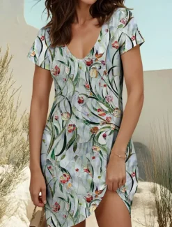Clearance Women's Mini Dress Knit Dress Casual Dress T Shirt Dress Tee Dress Sundress Vacation Casual Beach Regular Fit Floral Graphic Short Sleeve V Neck Summer Women Vacation Dresses