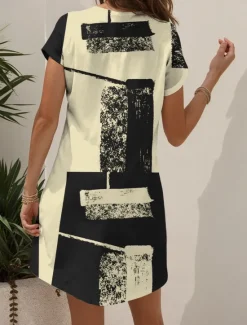 Outlet Women's Mini Dress Knit Dress Casual Dress T Shirt Dress Tee Dress Sundress Vacation Casual Regular Fit Graphic Geometric Abstract Short Sleeve V Neck Black And White Champagne Red Blue Summer Spring Women Vacation Dresses