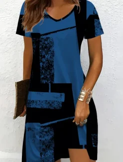 Outlet Women's Mini Dress Knit Dress Casual Dress T Shirt Dress Tee Dress Sundress Vacation Casual Regular Fit Graphic Geometric Abstract Short Sleeve V Neck Black And White Champagne Red Blue Summer Spring Women Vacation Dresses