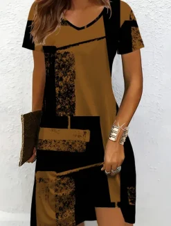 Outlet Women's Mini Dress Knit Dress Casual Dress T Shirt Dress Tee Dress Sundress Vacation Casual Regular Fit Graphic Geometric Abstract Short Sleeve V Neck Black And White Champagne Red Blue Summer Spring Women Vacation Dresses