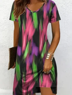New Women's Mini Dress Knit Dress Casual Dress T Shirt Dress Tee Dress Sundress Elegant Vacation Casual Beach Regular Fit Graphic Geometric Abstract Short Sleeve V Neck Black And White Yellow Pink Blue Women Vacation Dresses