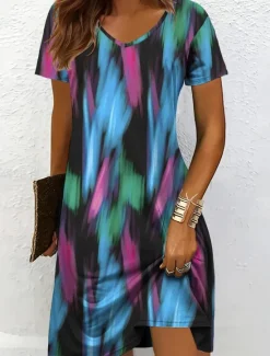 New Women's Mini Dress Knit Dress Casual Dress T Shirt Dress Tee Dress Sundress Elegant Vacation Casual Beach Regular Fit Graphic Geometric Abstract Short Sleeve V Neck Black And White Yellow Pink Blue Women Vacation Dresses