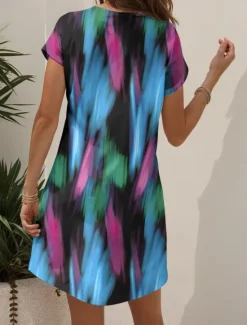 New Women's Mini Dress Knit Dress Casual Dress T Shirt Dress Tee Dress Sundress Elegant Vacation Casual Beach Regular Fit Graphic Geometric Abstract Short Sleeve V Neck Black And White Yellow Pink Blue Women Vacation Dresses