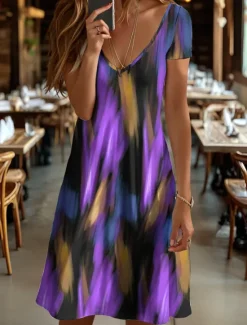 New Women's Mini Dress Knit Dress Casual Dress T Shirt Dress Tee Dress Sundress Elegant Vacation Casual Beach Regular Fit Graphic Geometric Abstract Short Sleeve V Neck Black And White Yellow Pink Blue Women Vacation Dresses
