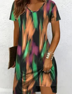 New Women's Mini Dress Knit Dress Casual Dress T Shirt Dress Tee Dress Sundress Elegant Vacation Casual Beach Regular Fit Graphic Geometric Abstract Short Sleeve V Neck Black And White Yellow Pink Blue Women Vacation Dresses