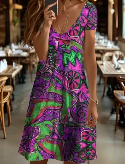Hot Women's Mini Dress Knit Dress Casual Dress T Shirt Dress Tee Dress Sundress Elegant Vacation Casual Beach Regular Fit Graphic Geometric Abstract Short Sleeve V Neck Yellow Blue Purple Orange Summer Women Vacation Dresses