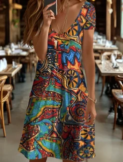 Hot Women's Mini Dress Knit Dress Casual Dress T Shirt Dress Tee Dress Sundress Elegant Vacation Casual Beach Regular Fit Graphic Geometric Abstract Short Sleeve V Neck Yellow Blue Purple Orange Summer Women Vacation Dresses