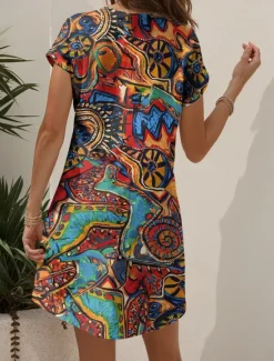 Hot Women's Mini Dress Knit Dress Casual Dress T Shirt Dress Tee Dress Sundress Elegant Vacation Casual Beach Regular Fit Graphic Geometric Abstract Short Sleeve V Neck Yellow Blue Purple Orange Summer Women Vacation Dresses