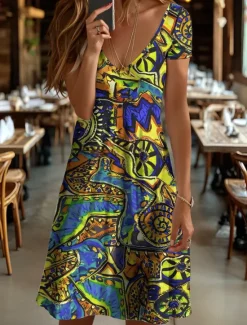 Hot Women's Mini Dress Knit Dress Casual Dress T Shirt Dress Tee Dress Sundress Elegant Vacation Casual Beach Regular Fit Graphic Geometric Abstract Short Sleeve V Neck Yellow Blue Purple Orange Summer Women Vacation Dresses