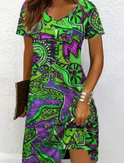 Hot Women's Mini Dress Knit Dress Casual Dress T Shirt Dress Tee Dress Sundress Elegant Vacation Casual Beach Regular Fit Graphic Geometric Abstract Short Sleeve V Neck Yellow Blue Purple Orange Summer Women Vacation Dresses