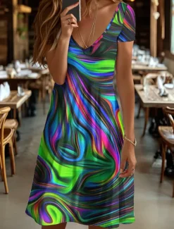 Online Women's Mini Dress Knit Dress Casual Dress T Shirt Dress Tee Dress Sundress Elegant Vacation Casual Party Beach Regular Fit Graphic Abstract Short Sleeve V Neck Black And White Yellow Red Blue Summer Women Vacation Dresses