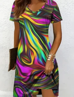 Online Women's Mini Dress Knit Dress Casual Dress T Shirt Dress Tee Dress Sundress Elegant Vacation Casual Party Beach Regular Fit Graphic Abstract Short Sleeve V Neck Black And White Yellow Red Blue Summer Women Vacation Dresses