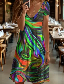 Online Women's Mini Dress Knit Dress Casual Dress T Shirt Dress Tee Dress Sundress Elegant Vacation Casual Party Beach Regular Fit Graphic Abstract Short Sleeve V Neck Black And White Yellow Red Blue Summer Women Vacation Dresses