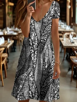 Clearance Women's Mini Dress Knit Dress Casual Dress T Shirt Dress Tee Dress Sundress Vacation Casual Regular Fit Graphic Geometric Abstract Short Sleeve V Neck Black And White Yellow Pink Red Summer Spring Women Vacation Dresses