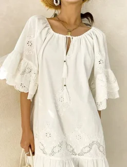 Sale Women's Mini Dress Lace Dress Casual Dress Summer Dress Boho Dress Stylish Casual Vacation Daily Date Regular Fit Plain Short Sleeve Crew Neck Summer Women White Dresses