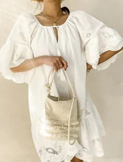 Sale Women's Mini Dress Lace Dress Casual Dress Summer Dress Boho Dress Stylish Casual Vacation Daily Date Regular Fit Plain Short Sleeve Crew Neck Summer Women White Dresses