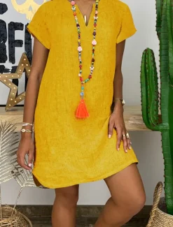 Clearance Women's Mini Dress Linen-Inspired Dresses White Dress Shirt Dress Casual Dress Basic Street Date Regular Fit Short Sleeve Split Neck White Yellow Pink Orange Summer Women Dresses|White Dresses