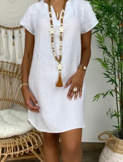 Clearance Women's Mini Dress Linen-Inspired Dresses White Dress Shirt Dress Casual Dress Basic Street Date Regular Fit Short Sleeve Split Neck White Yellow Pink Orange Summer Women Dresses|White Dresses