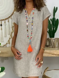 Clearance Women's Mini Dress Linen-Inspired Dresses White Dress Shirt Dress Casual Dress Basic Street Date Regular Fit Short Sleeve Split Neck White Yellow Pink Orange Summer Women Dresses|White Dresses