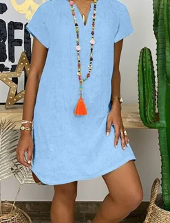 Clearance Women's Mini Dress Linen-Inspired Dresses White Dress Shirt Dress Casual Dress Basic Street Date Regular Fit Short Sleeve Split Neck White Yellow Pink Orange Summer Women Dresses|White Dresses