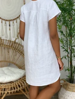 Clearance Women's Mini Dress Linen-Inspired Dresses White Dress Shirt Dress Casual Dress Basic Street Date Regular Fit Short Sleeve Split Neck White Yellow Pink Orange Summer Women Dresses|White Dresses