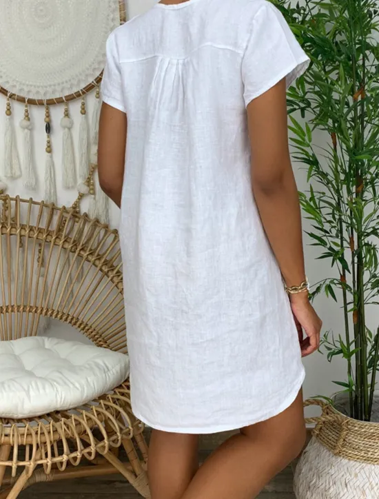 Clearance Women's Mini Dress Linen-Inspired Dresses White Dress Shirt Dress Casual Dress Basic Street Date Regular Fit Short Sleeve Split Neck White Yellow Pink Orange Summer Women Dresses|White Dresses