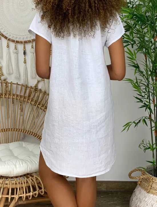 Clearance Women's Mini Dress Linen-Inspired Dresses White Dress Shirt Dress Casual Dress Basic Street Date Regular Fit Short Sleeve Split Neck White Yellow Pink Orange Summer Women Dresses|White Dresses