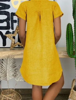 Clearance Women's Mini Dress Linen-Inspired Dresses White Dress Shirt Dress Casual Dress Basic Street Date Regular Fit Short Sleeve Split Neck White Yellow Pink Orange Summer Women Dresses|White Dresses